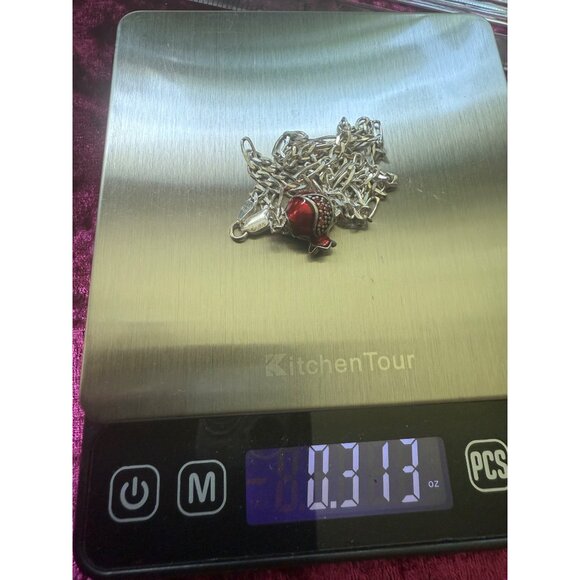 Sterling Figaro Chain Necklace Red Enamel Fruit Charm 18 Inches Italy Marked - Picture 8 of 8